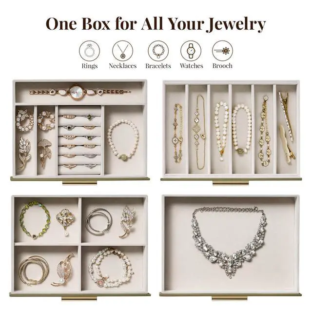 Alt view image 2 of 7 - Jewelry Box Organizer Case for Women: 4-Layer Jewelry Storage Case with Glass Window, Olive Green Leather with Cream Velvet, Holder for Ring Necklace Bracelet Brooch Watch, Great Gift for Her