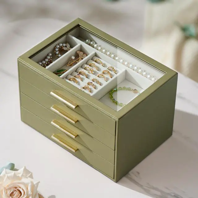 Alt view image 4 of 7 - Jewelry Box Organizer Case for Women: 4-Layer Jewelry Storage Case with Glass Window, Olive Green Leather with Cream Velvet, Holder for Ring Necklace Bracelet Brooch Watch, Great Gift for Her