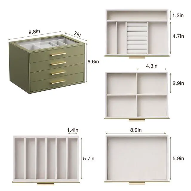 Alt view image 7 of 7 - Jewelry Box Organizer Case for Women: 4-Layer Jewelry Storage Case with Glass Window, Olive Green Leather with Cream Velvet, Holder for Ring Necklace Bracelet Brooch Watch, Great Gift for Her