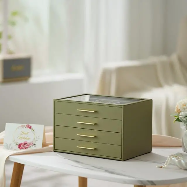 Alt view image 6 of 7 - Jewelry Box Organizer Case for Women: 4-Layer Jewelry Storage Case with Glass Window, Olive Green Leather with Cream Velvet, Holder for Ring Necklace Bracelet Brooch Watch, Great Gift for Her