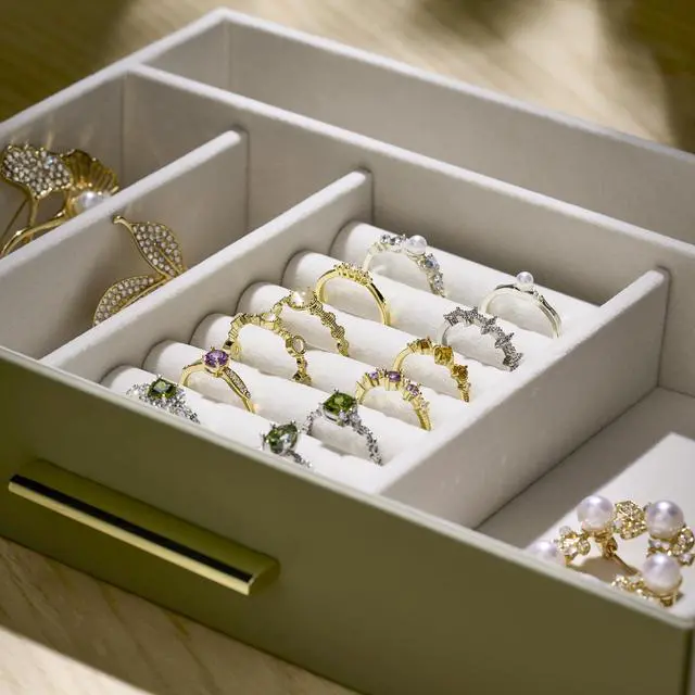Alt view image 5 of 7 - Jewelry Box Organizer Case for Women: 4-Layer Jewelry Storage Case with Glass Window, Olive Green Leather with Cream Velvet, Holder for Ring Necklace Bracelet Brooch Watch, Great Gift for Her
