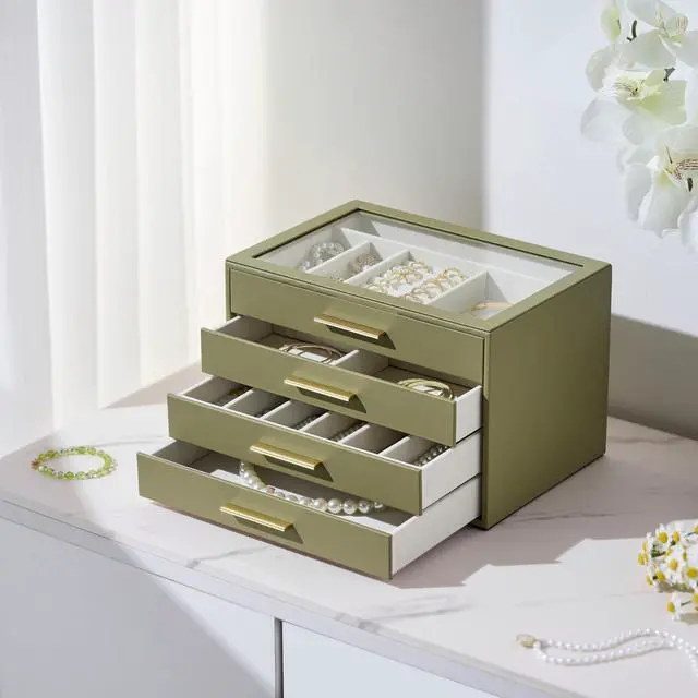 Alt view image 3 of 7 - Jewelry Box Organizer Case for Women: 4-Layer Jewelry Storage Case with Glass Window, Olive Green Leather with Cream Velvet, Holder for Ring Necklace Bracelet Brooch Watch, Great Gift for Her