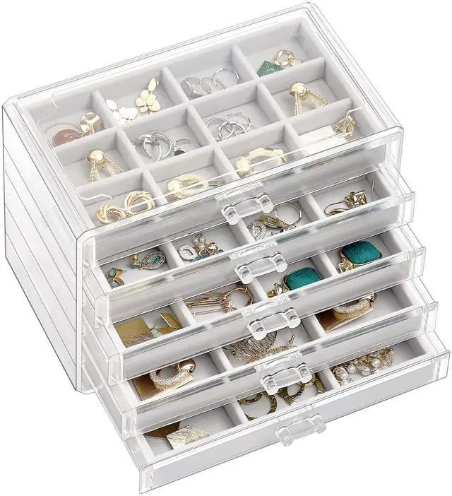 Main image of Earring Holder Organizer Jewelry Box with 5 Drawers, Acrylic Clear Earring Case with Adjustable Velvet Trays for Women - Grey, 5 Layers