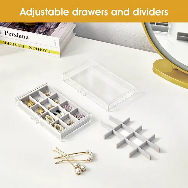Alt view image 2 of 7 - Earring Holder Organizer Jewelry Box with 5 Drawers, Acrylic Clear Earring Case with Adjustable Velvet Trays for Women - Grey, 5 Layers