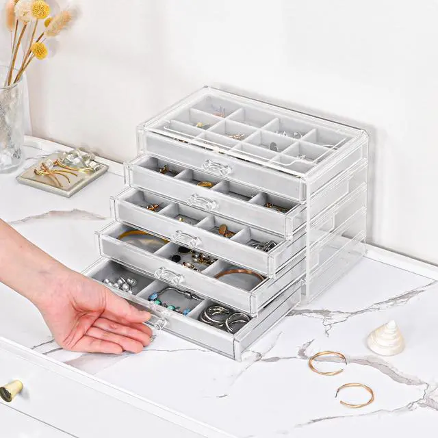 Alt view image 3 of 7 - Earring Holder Organizer Jewelry Box with 5 Drawers, Acrylic Clear Earring Case with Adjustable Velvet Trays for Women - Grey, 5 Layers