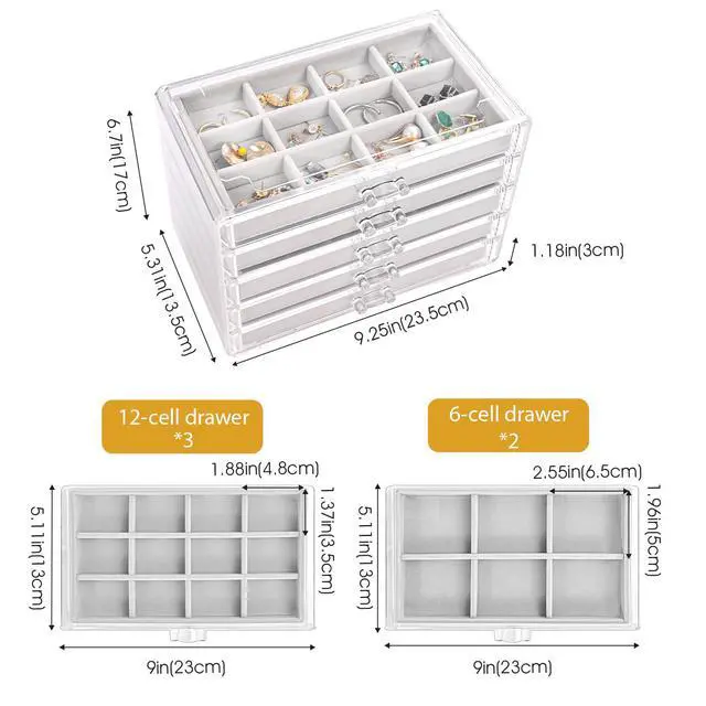 Alt view image 4 of 7 - Earring Holder Organizer Jewelry Box with 5 Drawers, Acrylic Clear Earring Case with Adjustable Velvet Trays for Women - Grey, 5 Layers