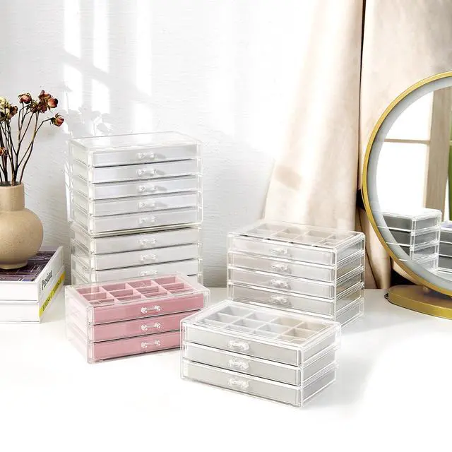 Alt view image 5 of 7 - Earring Holder Organizer Jewelry Box with 5 Drawers, Acrylic Clear Earring Case with Adjustable Velvet Trays for Women - Grey, 5 Layers