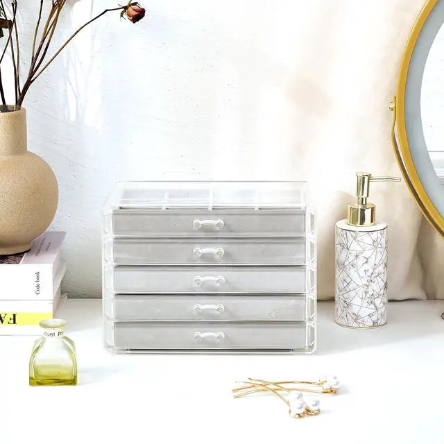 Alt view image 6 of 7 - Earring Holder Organizer Jewelry Box with 5 Drawers, Acrylic Clear Earring Case with Adjustable Velvet Trays for Women - Grey, 5 Layers
