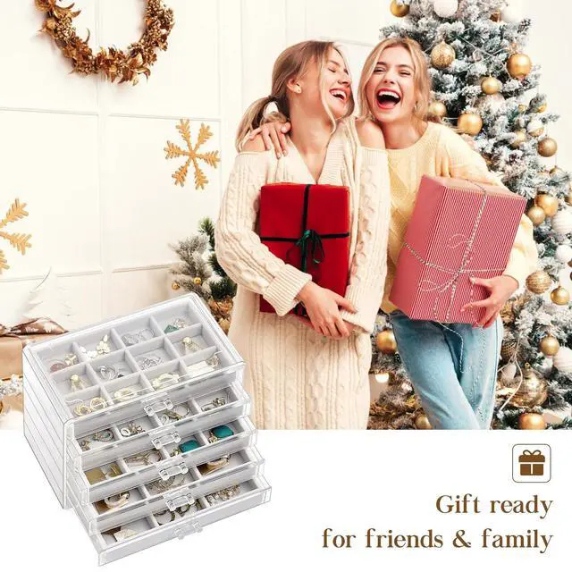 Alt view image 7 of 7 - Earring Holder Organizer Jewelry Box with 5 Drawers, Acrylic Clear Earring Case with Adjustable Velvet Trays for Women - Grey, 5 Layers