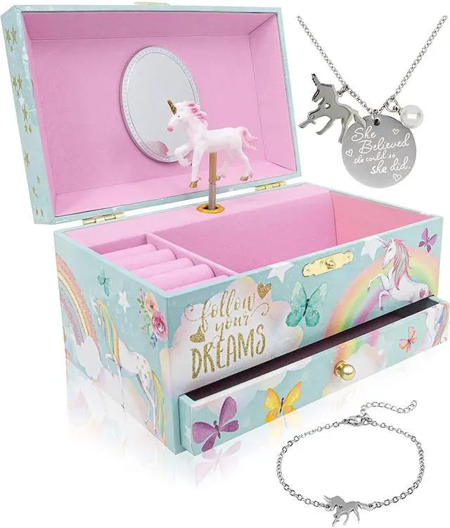 Main image of Co Unicorn Musical Jewelry Box Plays Classic Melody, Storage Organizer Music Box for Kids Ages 6-12, MDF Wood w/ 2 Fabric Lined Ring Bracelet Necklace Treasure Compartments