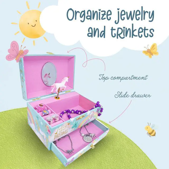 Alt view image 2 of 7 - Co Unicorn Musical Jewelry Box Plays Classic Melody, Storage Organizer Music Box for Kids Ages 6-12, MDF Wood w/ 2 Fabric Lined Ring Bracelet Necklace Treasure Compartments