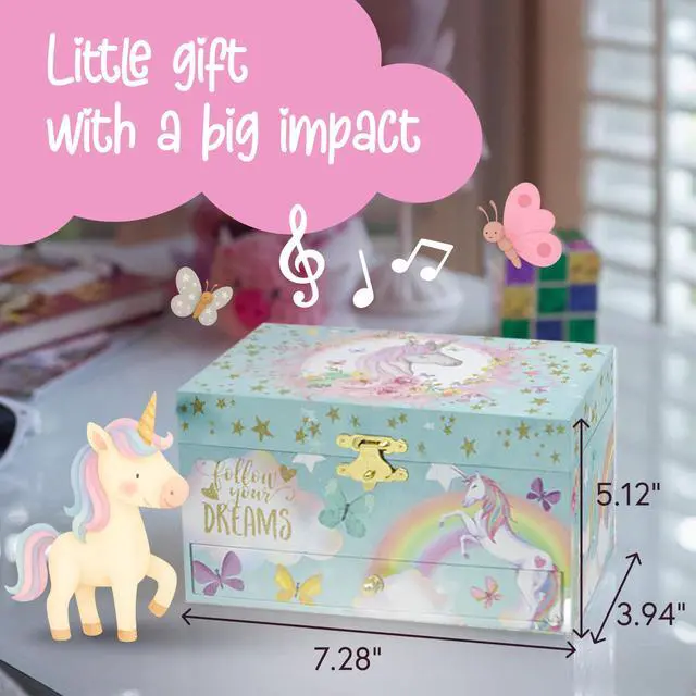 Alt view image 4 of 7 - Co Unicorn Musical Jewelry Box Plays Classic Melody, Storage Organizer Music Box for Kids Ages 6-12, MDF Wood w/ 2 Fabric Lined Ring Bracelet Necklace Treasure Compartments
