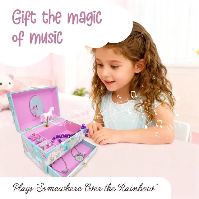 Alt view image 3 of 7 - Co Unicorn Musical Jewelry Box Plays Classic Melody, Storage Organizer Music Box for Kids Ages 6-12, MDF Wood w/ 2 Fabric Lined Ring Bracelet Necklace Treasure Compartments