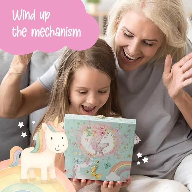 Alt view image 6 of 7 - Co Unicorn Musical Jewelry Box Plays Classic Melody, Storage Organizer Music Box for Kids Ages 6-12, MDF Wood w/ 2 Fabric Lined Ring Bracelet Necklace Treasure Compartments
