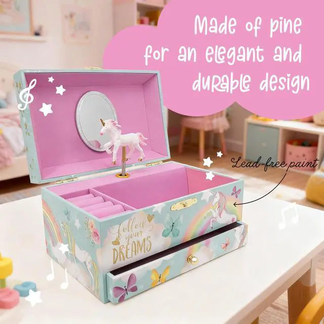 Alt view image 5 of 7 - Co Unicorn Musical Jewelry Box Plays Classic Melody, Storage Organizer Music Box for Kids Ages 6-12, MDF Wood w/ 2 Fabric Lined Ring Bracelet Necklace Treasure Compartments