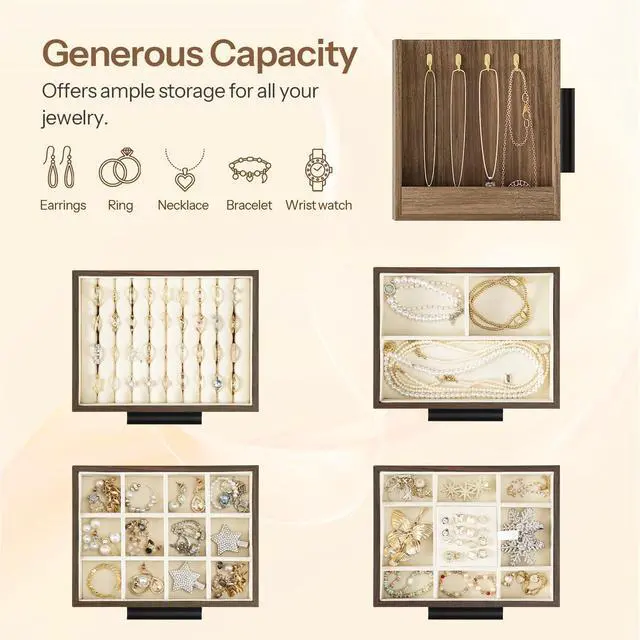 Alt view image 4 of 7 - Jewelry Box for Women, Wooden Jewelry Organizer with Transparent Window, 4-Layer Jewelry Organizer Box, Jewelry Holder Organizer for Earrings, Necklaces, Rings, Light Walnut and Black BSD09JB04