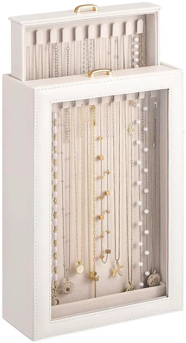 Main image of Necklace Organizer Box, Jewelry Storage Box with Clear Window for Necklaces Bracelets, Tangle-Free Necklace Display Case for Women Girls, White, 2 Layers 20 Hooks