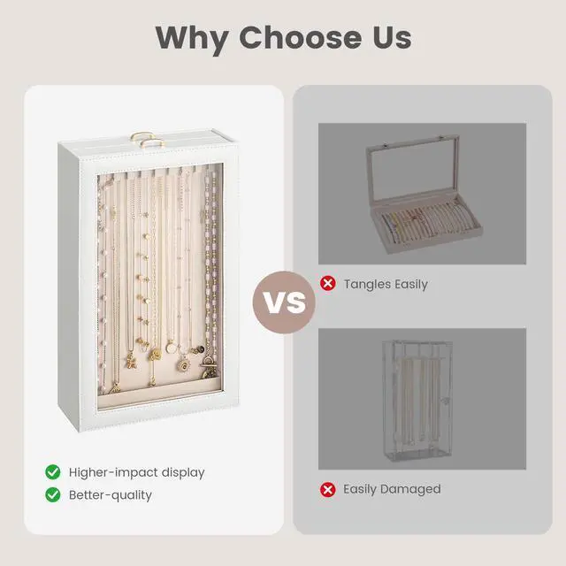 Alt view image 3 of 7 - Necklace Organizer Box, Jewelry Storage Box with Clear Window for Necklaces Bracelets, Tangle-Free Necklace Display Case for Women Girls, White, 2 Layers 20 Hooks