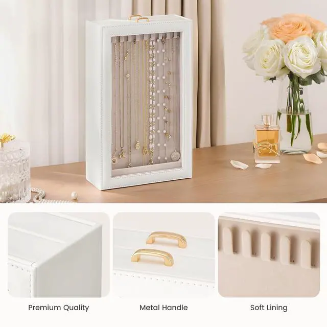 Alt view image 4 of 7 - Necklace Organizer Box, Jewelry Storage Box with Clear Window for Necklaces Bracelets, Tangle-Free Necklace Display Case for Women Girls, White, 2 Layers 20 Hooks
