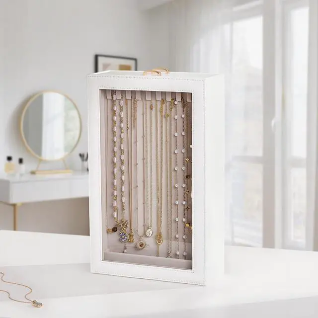 Alt view image 5 of 7 - Necklace Organizer Box, Jewelry Storage Box with Clear Window for Necklaces Bracelets, Tangle-Free Necklace Display Case for Women Girls, White, 2 Layers 20 Hooks