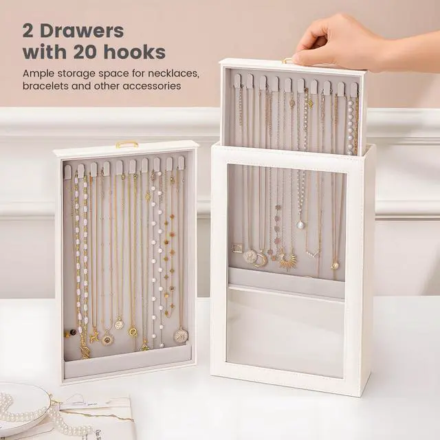 Alt view image 2 of 7 - Necklace Organizer Box, Jewelry Storage Box with Clear Window for Necklaces Bracelets, Tangle-Free Necklace Display Case for Women Girls, White, 2 Layers 20 Hooks
