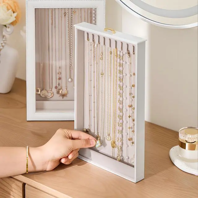 Alt view image 7 of 7 - Necklace Organizer Box, Jewelry Storage Box with Clear Window for Necklaces Bracelets, Tangle-Free Necklace Display Case for Women Girls, White, 2 Layers 20 Hooks