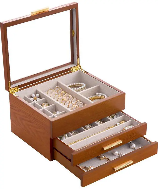 Main image of Jewelry Box, Clear Window Wood Grain Jewelry Storage for Earrings Bracelets Necklaces Rings, High Capacity Organizer for Women, Valentine's Day Gift -Cherrywood, 3 Layers