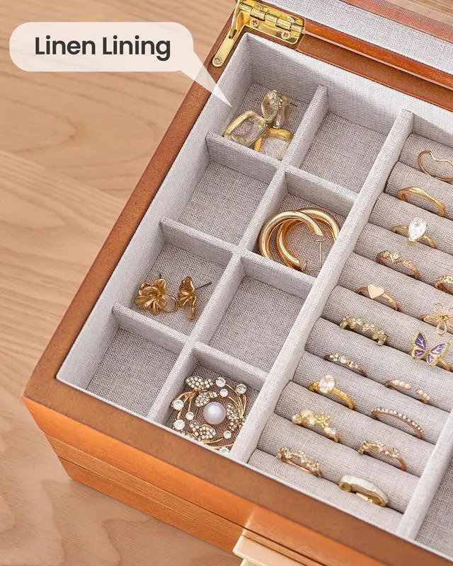 Alt view image 2 of 7 - Jewelry Box, Clear Window Wood Grain Jewelry Storage for Earrings Bracelets Necklaces Rings, High Capacity Organizer for Women, Valentine's Day Gift -Cherrywood, 3 Layers
