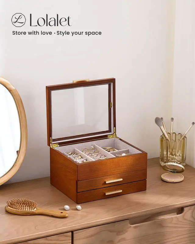 Alt view image 3 of 7 - Jewelry Box, Clear Window Wood Grain Jewelry Storage for Earrings Bracelets Necklaces Rings, High Capacity Organizer for Women, Valentine's Day Gift -Cherrywood, 3 Layers