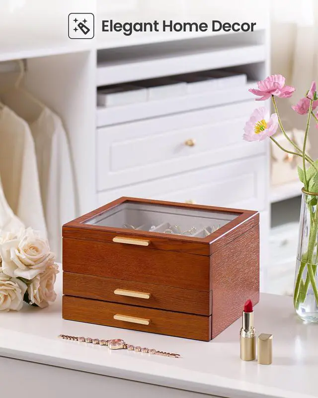 Alt view image 4 of 7 - Jewelry Box, Clear Window Wood Grain Jewelry Storage for Earrings Bracelets Necklaces Rings, High Capacity Organizer for Women, Valentine's Day Gift -Cherrywood, 3 Layers