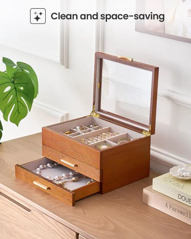 Alt view image 5 of 7 - Jewelry Box, Clear Window Wood Grain Jewelry Storage for Earrings Bracelets Necklaces Rings, High Capacity Organizer for Women, Valentine's Day Gift -Cherrywood, 3 Layers