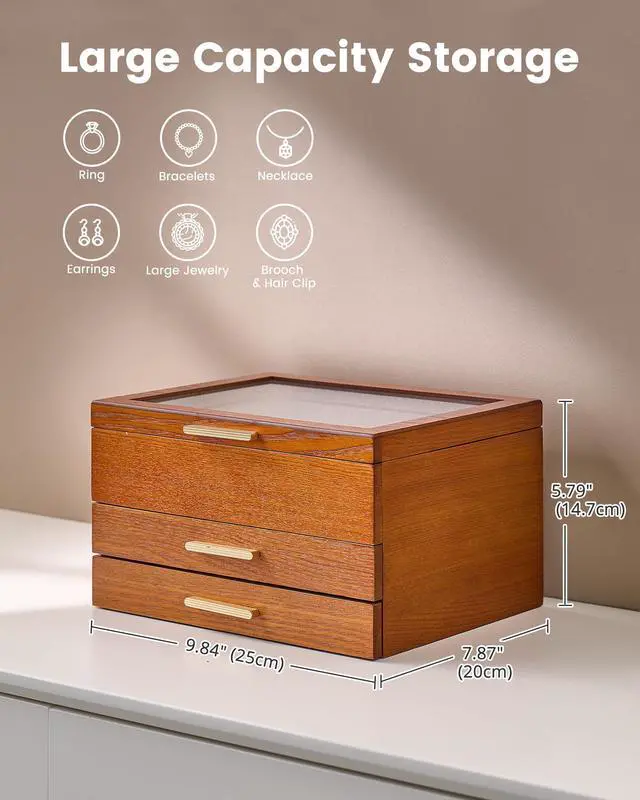 Alt view image 6 of 7 - Jewelry Box, Clear Window Wood Grain Jewelry Storage for Earrings Bracelets Necklaces Rings, High Capacity Organizer for Women, Valentine's Day Gift -Cherrywood, 3 Layers