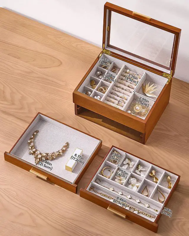 Alt view image 7 of 7 - Jewelry Box, Clear Window Wood Grain Jewelry Storage for Earrings Bracelets Necklaces Rings, High Capacity Organizer for Women, Valentine's Day Gift -Cherrywood, 3 Layers