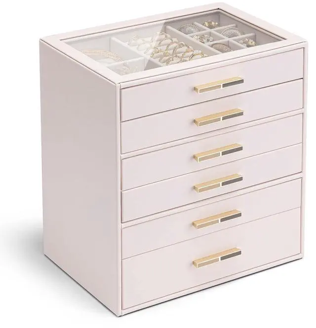 Main image of 6-Drawer Jewelry Box with Glass Lid, Faux Leather Organizer for Rings Earrings Necklaces and More, Gift-Ready Jewelry Case for Women Girls or Moms, Pink Beige