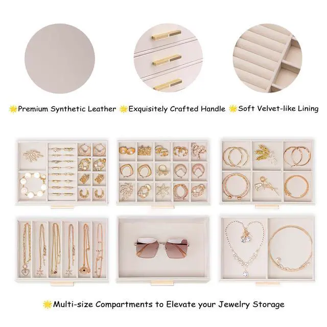 Alt view image 2 of 7 - 6-Drawer Jewelry Box with Glass Lid, Faux Leather Organizer for Rings Earrings Necklaces and More, Gift-Ready Jewelry Case for Women Girls or Moms, Pink Beige