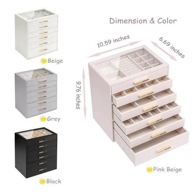 Alt view image 3 of 7 - 6-Drawer Jewelry Box with Glass Lid, Faux Leather Organizer for Rings Earrings Necklaces and More, Gift-Ready Jewelry Case for Women Girls or Moms, Pink Beige