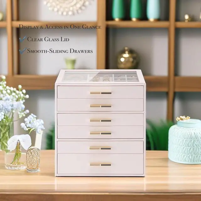 Alt view image 4 of 7 - 6-Drawer Jewelry Box with Glass Lid, Faux Leather Organizer for Rings Earrings Necklaces and More, Gift-Ready Jewelry Case for Women Girls or Moms, Pink Beige