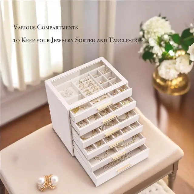 Alt view image 5 of 7 - 6-Drawer Jewelry Box with Glass Lid, Faux Leather Organizer for Rings Earrings Necklaces and More, Gift-Ready Jewelry Case for Women Girls or Moms, Pink Beige