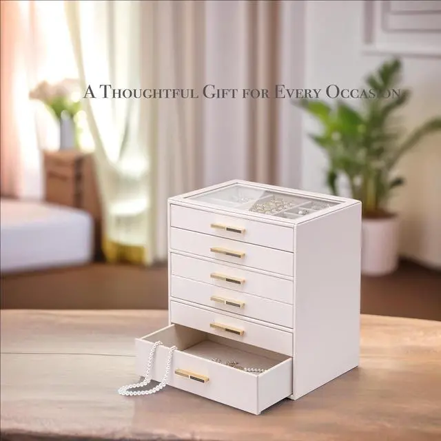 Alt view image 6 of 7 - 6-Drawer Jewelry Box with Glass Lid, Faux Leather Organizer for Rings Earrings Necklaces and More, Gift-Ready Jewelry Case for Women Girls or Moms, Pink Beige