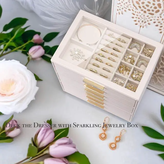 Alt view image 7 of 7 - 6-Drawer Jewelry Box with Glass Lid, Faux Leather Organizer for Rings Earrings Necklaces and More, Gift-Ready Jewelry Case for Women Girls or Moms, Pink Beige