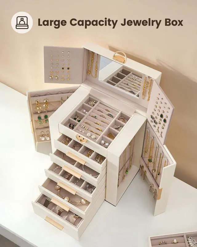 Alt view image 2 of 7 - Large Jewelry Box Organizer for Women, 6-Layer Jewelry Organizers and Storage Case with Mirror & 5 Drawers, Lockable Watch Ring Earring Bracelet Necklace Holder Girls Gift -6Layer, Beige