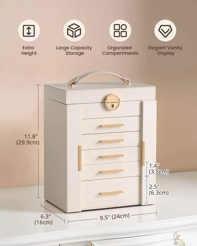 Alt view image 3 of 7 - Large Jewelry Box Organizer for Women, 6-Layer Jewelry Organizers and Storage Case with Mirror & 5 Drawers, Lockable Watch Ring Earring Bracelet Necklace Holder Girls Gift -6Layer, Beige