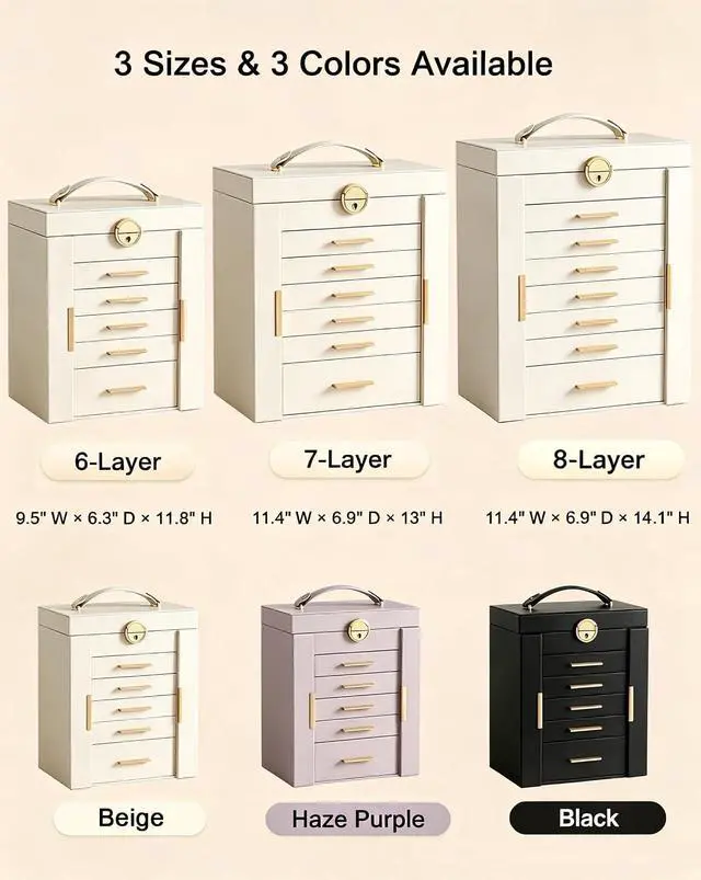 Alt view image 4 of 7 - Large Jewelry Box Organizer for Women, 6-Layer Jewelry Organizers and Storage Case with Mirror & 5 Drawers, Lockable Watch Ring Earring Bracelet Necklace Holder Girls Gift -6Layer, Beige