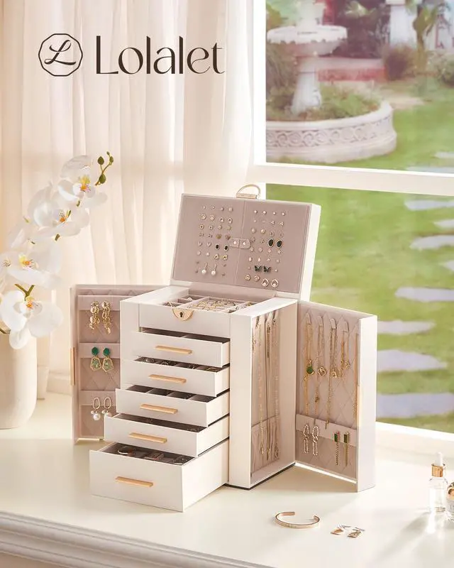 Alt view image 5 of 7 - Large Jewelry Box Organizer for Women, 6-Layer Jewelry Organizers and Storage Case with Mirror & 5 Drawers, Lockable Watch Ring Earring Bracelet Necklace Holder Girls Gift -6Layer, Beige