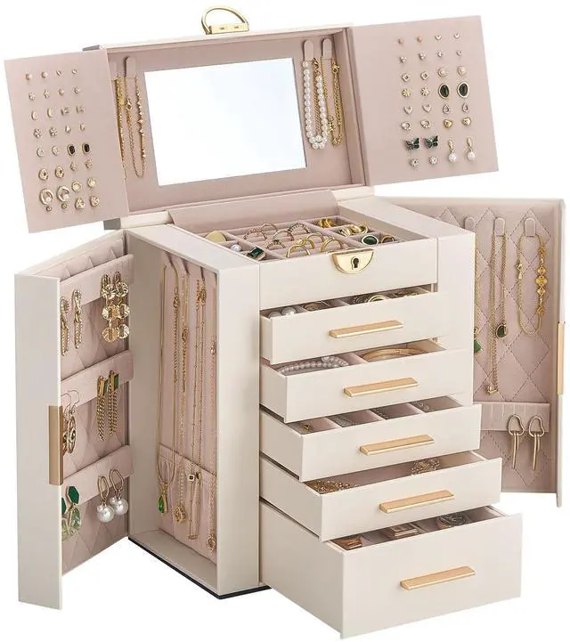Main image of Large Jewelry Box Organizer for Women, 6-Layer Jewelry Organizers and Storage Case with Mirror & 5 Drawers, Lockable Watch Ring Earring Bracelet Necklace Holder Girls Gift -6Layer, Beige