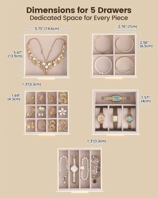 Alt view image 7 of 7 - Large Jewelry Box Organizer for Women, 6-Layer Jewelry Organizers and Storage Case with Mirror & 5 Drawers, Lockable Watch Ring Earring Bracelet Necklace Holder Girls Gift -6Layer, Beige