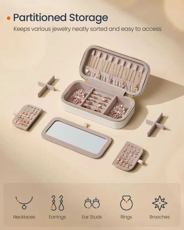 Alt view image 3 of 6 - Travel Jewelry Case, Travel Jewelry Box Organizer with Mirror, 4.1 x 8 x 2.4 Inches, Stitching, Portable, Gift Idea, Cloud White UJBC180W01