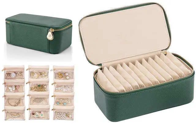 Main image of Travel Jewelry Box Organizer Portable PU Leather Jewelry Case with 6/8/12 Zippered Pouches, Compact Storage for Earrings Rings Necklaces Bracelets, Dark Green