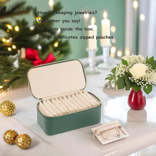 Alt view image 3 of 7 - Travel Jewelry Box Organizer Portable PU Leather Jewelry Case with 6/8/12 Zippered Pouches, Compact Storage for Earrings Rings Necklaces Bracelets, Dark Green