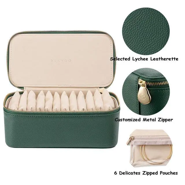 Alt view image 6 of 7 - Travel Jewelry Box Organizer Portable PU Leather Jewelry Case with 6/8/12 Zippered Pouches, Compact Storage for Earrings Rings Necklaces Bracelets, Dark Green